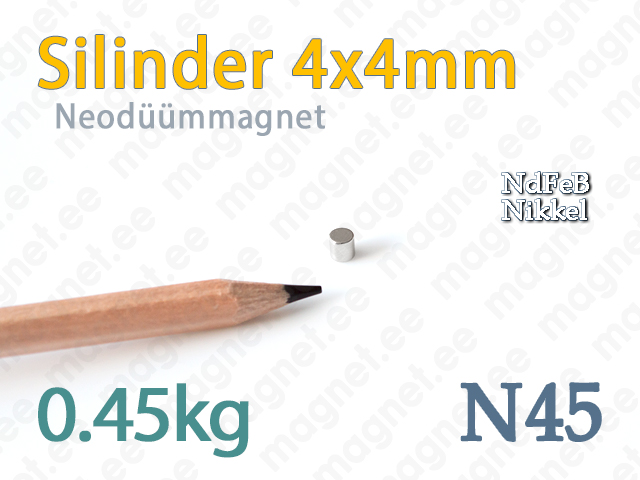 Silindermagnetid: Neodüümmagnet Silinder 4x4mm, N45, Nikkel