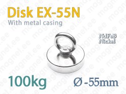 Magnet with eyelet, Disc EX-55N, Metal casing