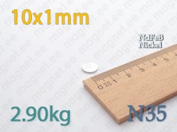Neodüümmagnet Ketas 10x1mm, N35, Nikkel