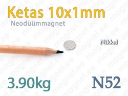 Neodüümmagnet Ketas 10x1mm, N52, Nikkel