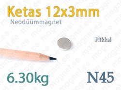 Ketasmagnet - Neodüümmagnet Ketas 12x3mm, N45, Nikkel