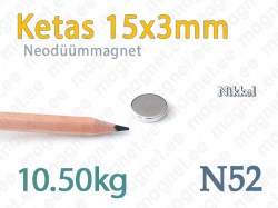 Neodüümmagnet Ketas 15x3mm, N52, Nikkel