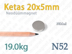 Neodüümmagnet Ketas 20x5mm, N52, Nikkel