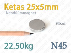 Neodüümmagnet Ketas 25x5mm, N45, Nikkel