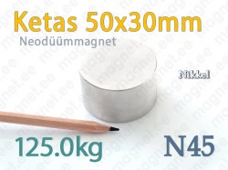 Neodüümmagnet Ketas 50x30mm, N45, Nikkel