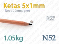 Neodüümmagnet Ketas 5x1mm, N52, Nikkel