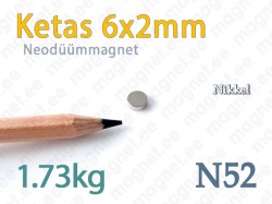 Ketasmagnet - Neodüümmagnet Ketas 6x2mm, N52, Nikkel