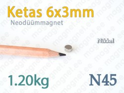 Neodüümmagnet Ketas 6x3mm, N45, Nikkel