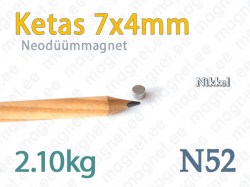 Neodüümmagnet Ketas 7x4mm, N52, Nikkel
