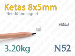 Neodüümmagnet Ketas 8x5mm, N52, Nikkel