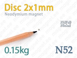 Neodymium magnet Disc 2x1mm N52, Nickel