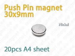 Push Pin magnet 30x9mm, Metal, Nickel
