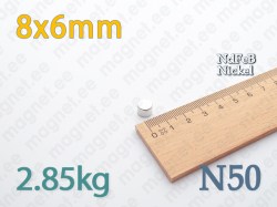 Neodüümmagnet Ketas 8x6mm, N50, Nikkel