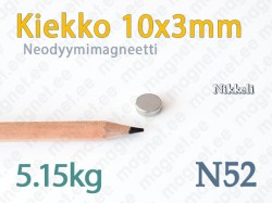 Neodyymimagneetti Kiekko10x3mm, N52, Nikkeli