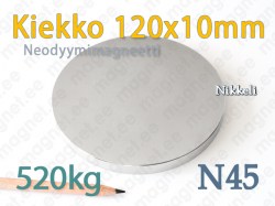 Neodyymimagneetit Kiekko 120x10mm, N45, Nikkeli