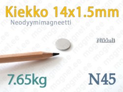 Neodyymimagneetti Kiekko 14x1,5mm, N45, Nikkeli