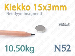 Neodyymimagneetti Kiekko 15x3mm, N52, Nikkeli