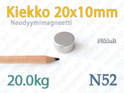 Neodyymimagneetti Kiekko 20x10mm, N52, Nikkeli