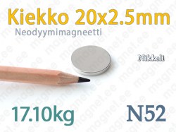 Neodyymimagneetti Kiekko 20x2,5mm, N52, Nikkeli