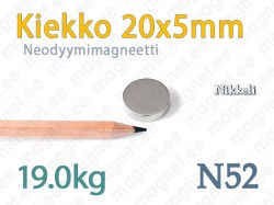 Neodyymimagneetti Kiekko 20x5mm, N52, Nikkeli