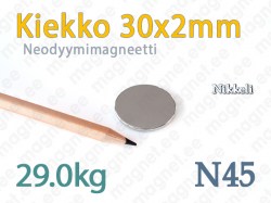 Neodyymimagneetti Kiekko 30x2mm, N45, Nikkeli
