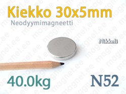 Neodyymimagneetti Kiekko 30x5mm, N52, Nikkeli