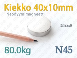 Neodyymimagneetti Kiekko 40x10mm, N45, Nikkeli
