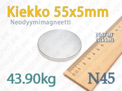 Neodyymimagneetti Kiekko 55x5mm, N45, Nikkeli
