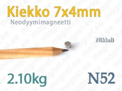 Neodyymimagneetti Kiekko 7x4mm, N52, Nikkeli
