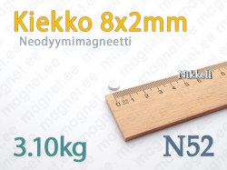 Neodyymimagneetti Kiekko 8x2mm, N52, Nikkeli