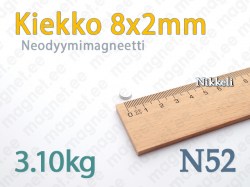 Neodyymimagneetti Kiekko 8x2mm, N52, Nikkeli