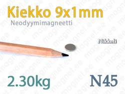 Neodyymimagneetti Kiekko 9x1mm, N45, Nikkeli