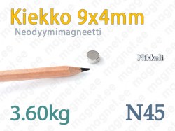 Neodyymimagneetti Kiekko 9x4mm, N45, Nikkeli