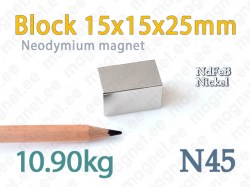 Neodymium magnet Block 15x15x25mm N45, Nickel