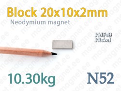 Neodymium magnet Block 20x10x2mm, N52, Nickel