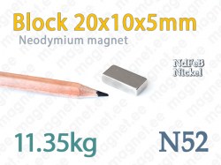 Neodymium magnet Block 20x10x5mm, N52, Nickel