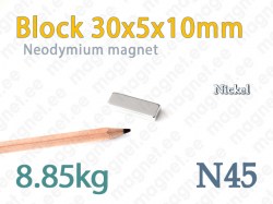 Neodymium magnet Block 30x5x10mm, N45, Nickel