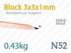 Neodymium magnet Block 3x3x1mm, N52, Nickel