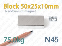 Neodymium magnet Block 50x25x10mm N45, Nickel
