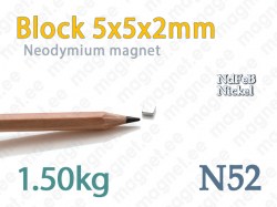 Neodymium magnet Block 5x5x2mm, N52, Nickel