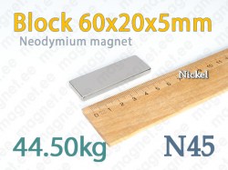 Neodymium magnet Block 60x20x5mm, N45, Nickel