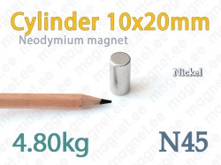 Neodymium magnet Cylinder 10x20mm N45, Nickel