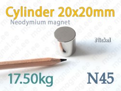 Neodymium magnet Cylinder 20x20mm N45, Nickel