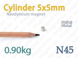 Neodymium magnet Cylinder 5x5mm N45, Nickel