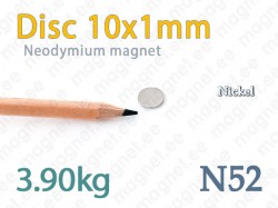 Neodymium magnet Disc 10x1mm N52, Nickel