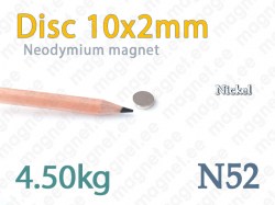 Neodymium magnet Disc 10x2mm N52, Nickel