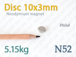 Neodymium magnet Disc 10x3mm N52, Nickel