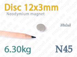 Neodymium magnet Disc 12x3mm N45, Nickel