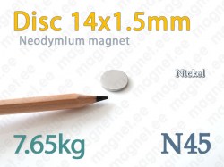 Neodymium magnet Disc 14x1,5mm N45, Nickel