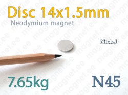 Neodymium magnet Disc 14x1,5mm N45, Nickel